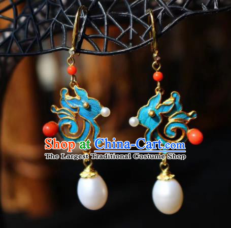 China Classical Pearl Ear Jewelry Traditional Cheongsam Blue Rabbit Earrings