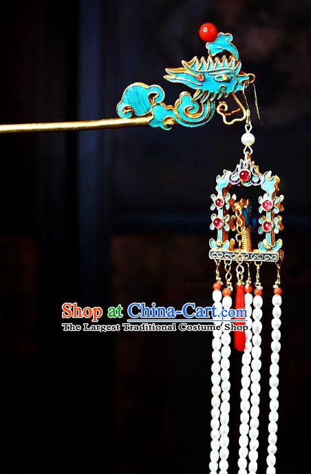 Chinese Handmade Qing Dynasty Phoenix Hair Stick Traditional Ancient Imperial Consort Pearls Tassel Hairpin