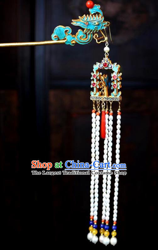 Chinese Handmade Qing Dynasty Phoenix Hair Stick Traditional Ancient Imperial Consort Pearls Tassel Hairpin