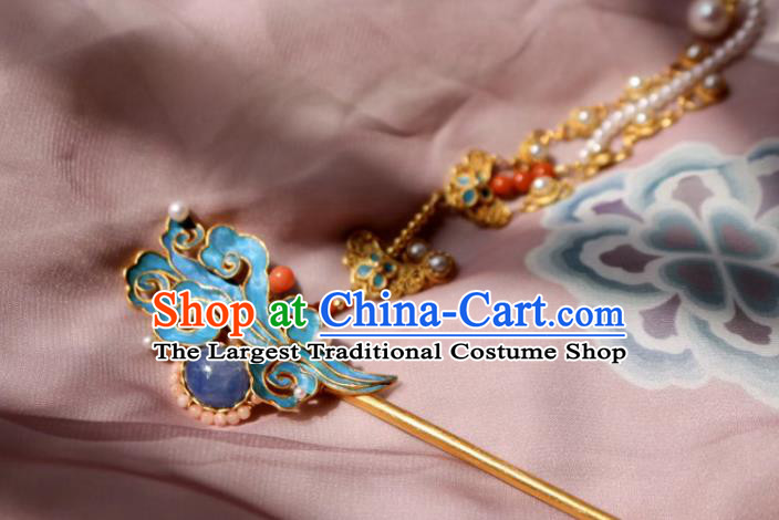 Chinese Handmade Pearls Tassel Hair Stick Traditional Ancient Qing Dynasty Imperial Consort Lapis Hairpin