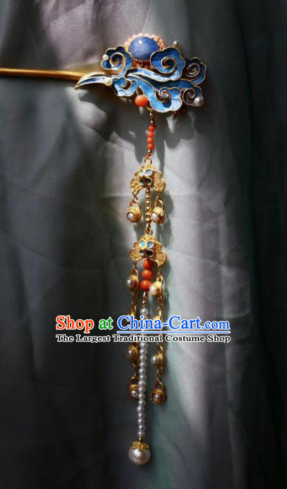Chinese Handmade Pearls Tassel Hair Stick Traditional Ancient Qing Dynasty Imperial Consort Lapis Hairpin