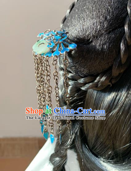 Chinese Handmade Blue Butterfly Hair Stick Traditional Ancient Qing Dynasty Jade Tassel Hairpin