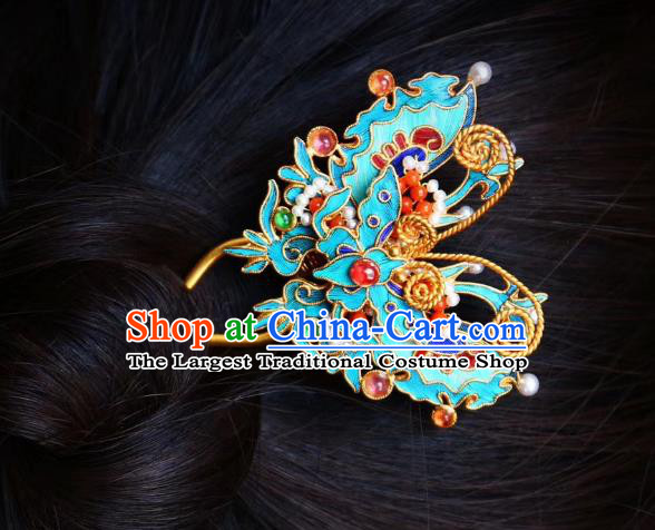 Chinese Handmade Tourmaline Gems Hair Stick Traditional Ancient Qing Dynasty Blueing Butterfly Hairpin