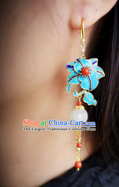 China Classical Jade Ear Jewelry Traditional Cheongsam Blueing Flower Tassel Earrings