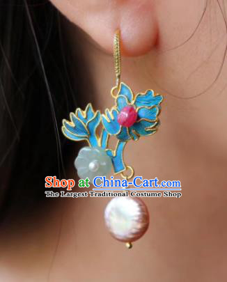 China Classical Pearl Ear Jewelry Traditional Cheongsam Tourmaline Jade Earrings