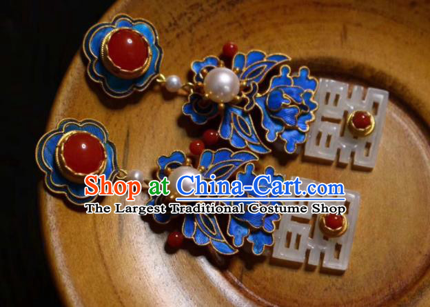 China Classical Wedding Jade Ear Jewelry Traditional Cheongsam Blueing Agate Earrings