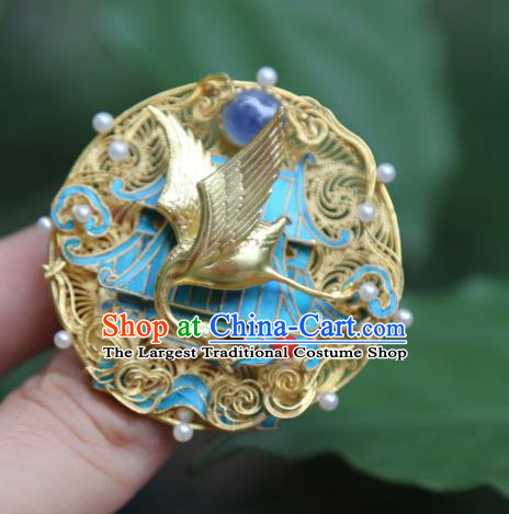 China Handmade Golden Crane Brooch Accessories Traditional Ancient Qing Dynasty Filigree Jewelry