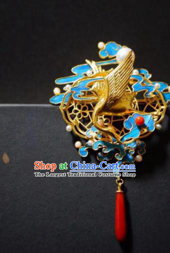 China Traditional Ancient Qing Dynasty Cloisonne Agate Jewelry Handmade Golden Crane Brooch Accessories