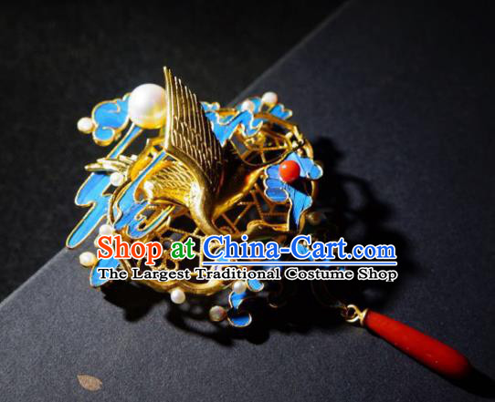 China Traditional Ancient Qing Dynasty Cloisonne Agate Jewelry Handmade Golden Crane Brooch Accessories