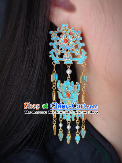 China Classical Cloisonne Chrysanthemum Ear Jewelry Traditional Cheongsam Pearls Tassel Earrings