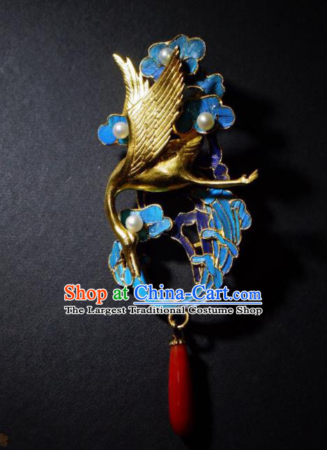 China Traditional Qing Dynasty Golden Crane Pendant Jewelry Handmade Ancient Court Cloisonne Brooch Accessories