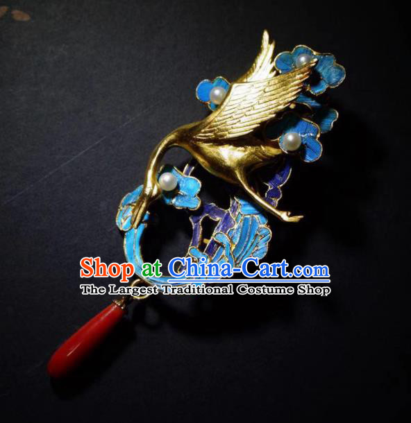 China Traditional Qing Dynasty Golden Crane Pendant Jewelry Handmade Ancient Court Cloisonne Brooch Accessories