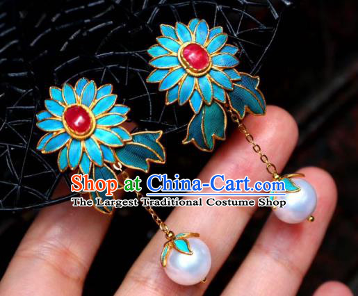 China Classical Ruby Ear Jewelry Traditional Cheongsam Cloisonne Chrysanthemum Earrings