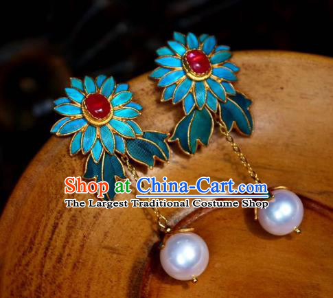 China Classical Ruby Ear Jewelry Traditional Cheongsam Cloisonne Chrysanthemum Earrings