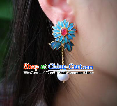 China Classical Ruby Ear Jewelry Traditional Cheongsam Cloisonne Chrysanthemum Earrings