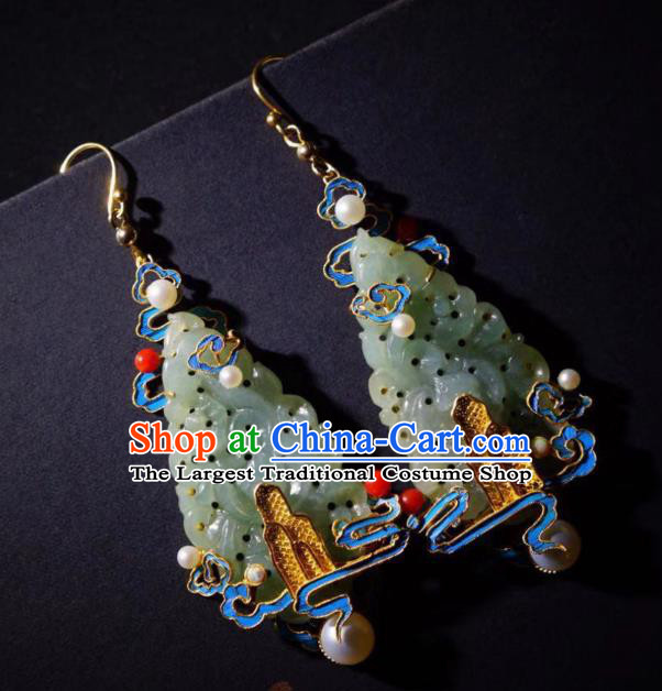 Chinese Qing Dynasty Empress Earrings Ancient Court Lady Blueing Ear Accessories Traditional Jade Jewelry