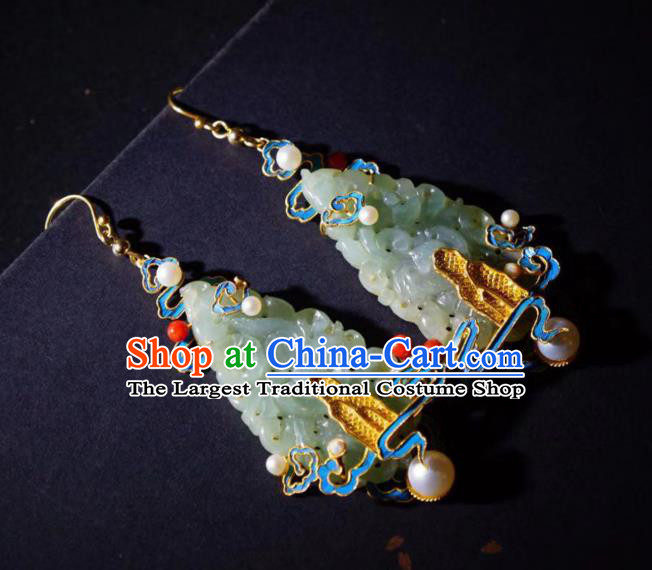 Chinese Qing Dynasty Empress Earrings Ancient Court Lady Blueing Ear Accessories Traditional Jade Jewelry