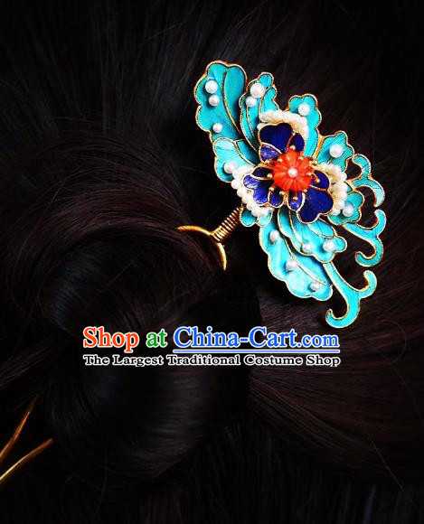 Chinese Handmade Blueing Pearls Hair Stick Traditional Ancient Qing Dynasty Court Hairpin