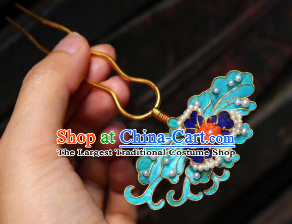 Chinese Handmade Blueing Pearls Hair Stick Traditional Ancient Qing Dynasty Court Hairpin