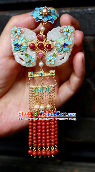China Handmade Jade Brooch Jewelry Traditional Qing Dynasty Red Beads Tassel Pendant Accessories
