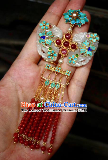 China Handmade Jade Brooch Jewelry Traditional Qing Dynasty Red Beads Tassel Pendant Accessories