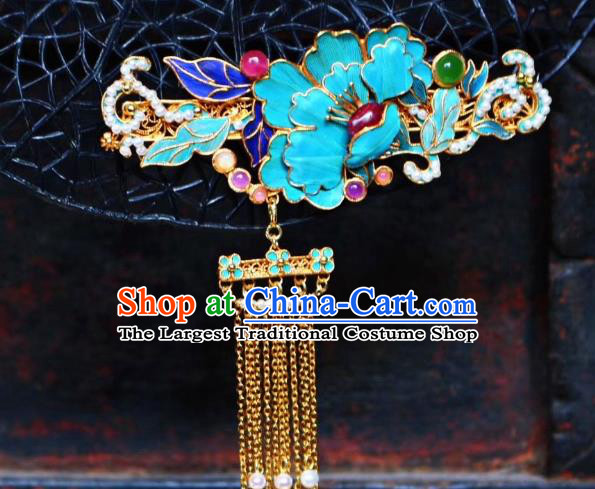 Chinese Handmade Blueing Peony Hair Stick Traditional Ancient Qing Dynasty Imperial Consort Golden Tassel Hairpin