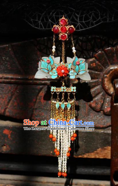 China Handmade Pearls Tassel Brooch Jewelry Traditional Qing Dynasty Court Tourmaline Pendant Accessories