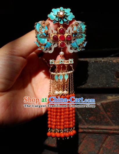 China Handmade Tourmaline Brooch Jewelry Traditional Qing Dynasty Court Jade Accessories Red Beads Tassel Pendant
