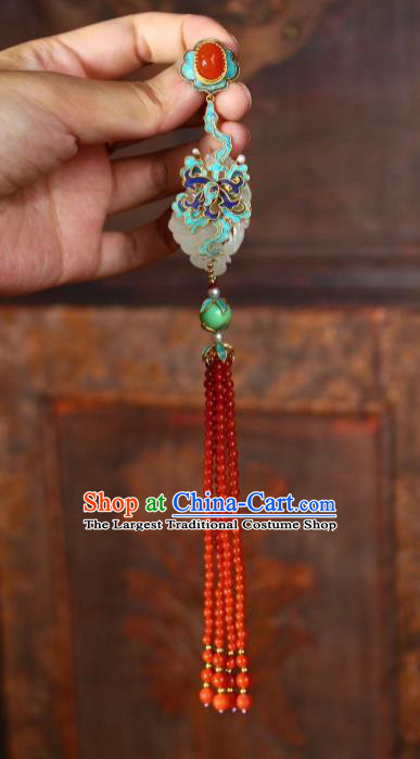 China Handmade Blueing Brooch Jewelry Traditional Qing Dynasty Red Beads Tassel Pendant Jade Accessories