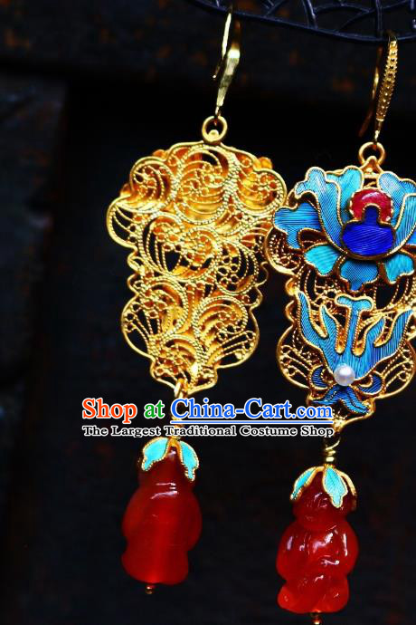 China Classical Qing Dynasty Blueing Agate Ear Jewelry Traditional Cheongsam Earrings