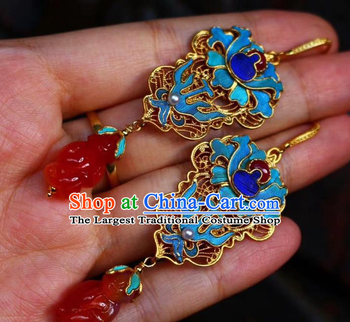 China Classical Qing Dynasty Blueing Agate Ear Jewelry Traditional Cheongsam Earrings