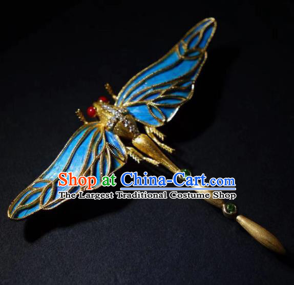 China Traditional Qing Dynasty Emerald Jewelry Handmade Ancient Court Blueing Dragonfly Brooch Accessories