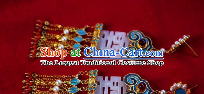 China Classical Garnet Tassel Ear Jewelry Traditional Wedding Cheongsam Jade Earrings
