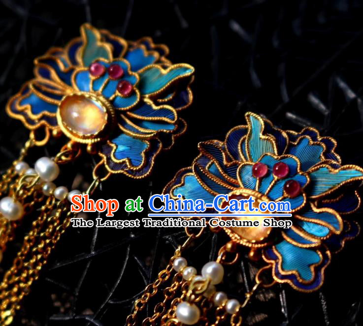 China Classical Topaz Ear Jewelry Traditional Cheongsam Blueing Pearls Tassel Earrings