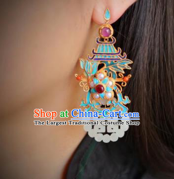 China Classical Garnet Pearls Ear Jewelry Traditional Cheongsam Wedding Jade Earrings