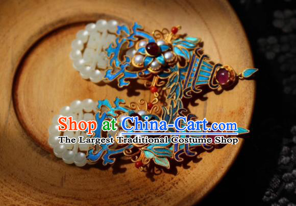 China Classical Garnet Pearls Ear Jewelry Traditional Cheongsam Wedding Jade Earrings
