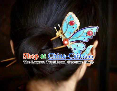 Chinese Handmade Garnet Hair Stick Traditional Ancient Qing Dynasty Cloisonne Butterfly Hairpin