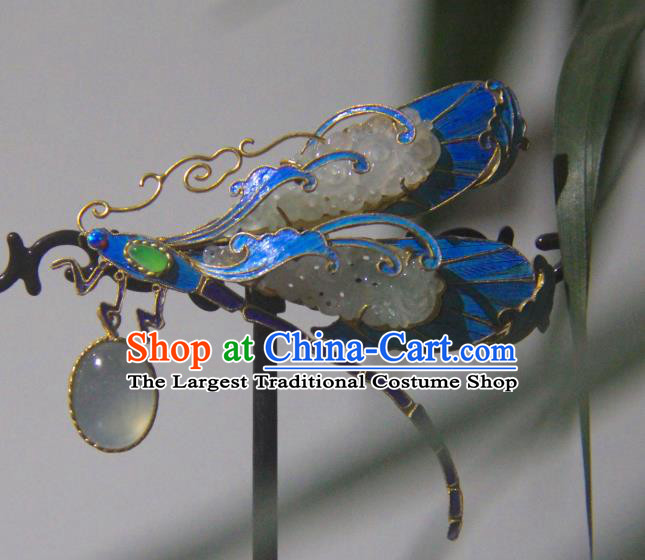 China Handmade Ancient Court Blueing Dragonfly Brooch Accessories Traditional Qing Dynasty Jade Jewelry