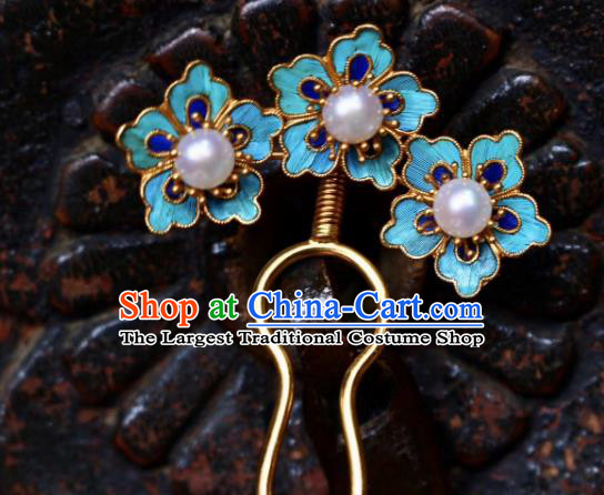 Chinese Handmade Blueing Plum Blossom Hair Stick Traditional Ancient Qing Dynasty Palace Pearls Hairpin