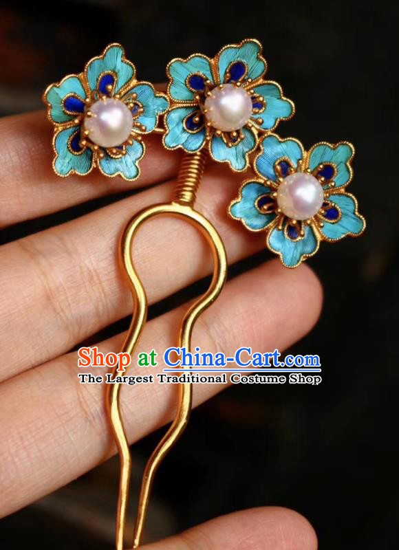 Chinese Handmade Blueing Plum Blossom Hair Stick Traditional Ancient Qing Dynasty Palace Pearls Hairpin