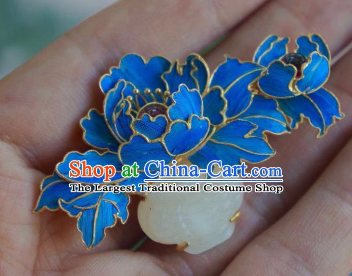 China Handmade Ancient Court Blue Peony Brooch Accessories Traditional Qing Dynasty Jade Breastpin Jewelry