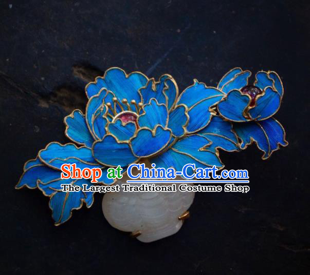 China Handmade Ancient Court Blue Peony Brooch Accessories Traditional Qing Dynasty Jade Breastpin Jewelry