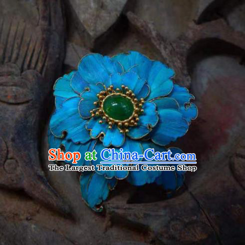 China Handmade Ancient Queen Blue Peony Brooch Accessories Traditional Qing Dynasty Chrysoprase Breastpin Jewelry