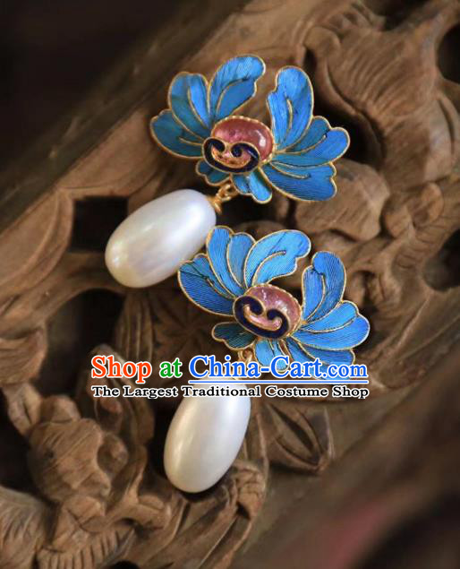 Chinese Qing Dynasty Tourmaline Pearl Earrings Traditional Jewelry Ancient Empress Cloisonne Ear Accessories