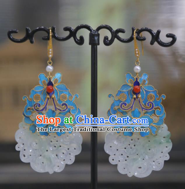 Chinese Qing Dynasty Pearls Earrings Traditional Jade Jewelry Ancient Empress Cloisonne Butterfly Ear Accessories