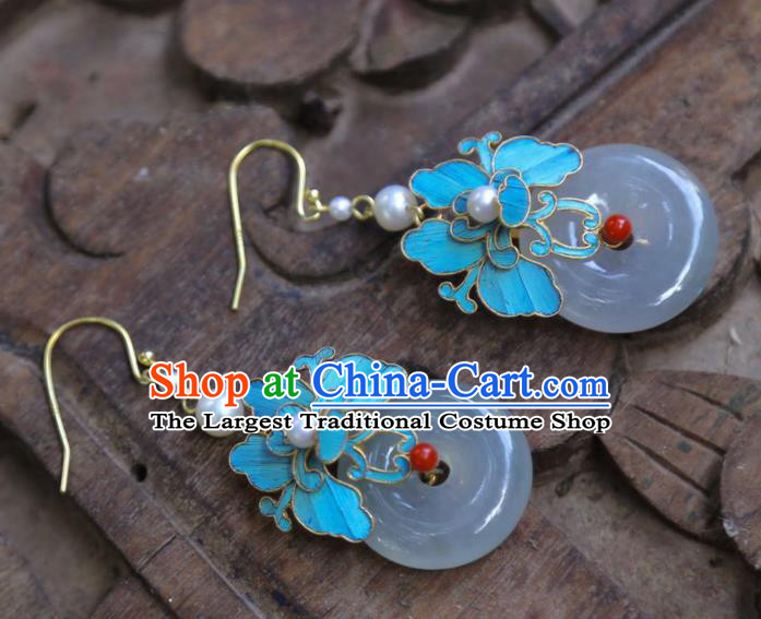 Chinese Traditional Jade Jewelry Ancient Empress Cloisonne Ear Accessories Qing Dynasty Pearls Earrings