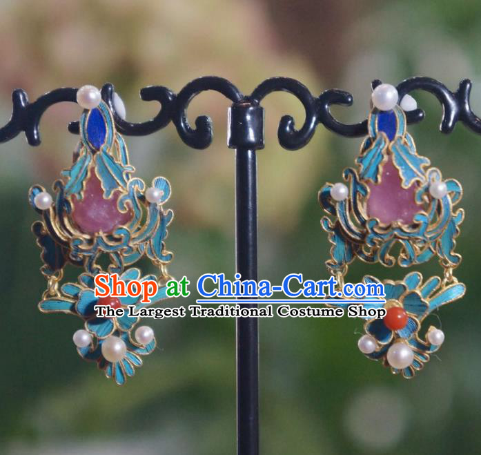 Chinese Qing Dynasty Pearls Earrings Ancient Empress Ear Accessories Traditional Tourmaline Jewelry