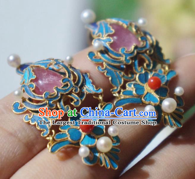 Chinese Qing Dynasty Pearls Earrings Ancient Empress Ear Accessories Traditional Tourmaline Jewelry