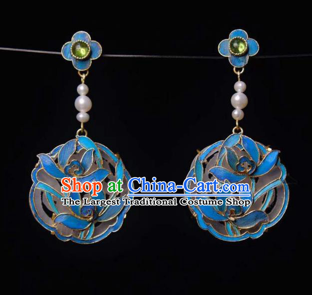 Chinese Traditional Pearls Jewelry Qing Dynasty Orchids Earrings Ancient Empress Jade Ear Accessories