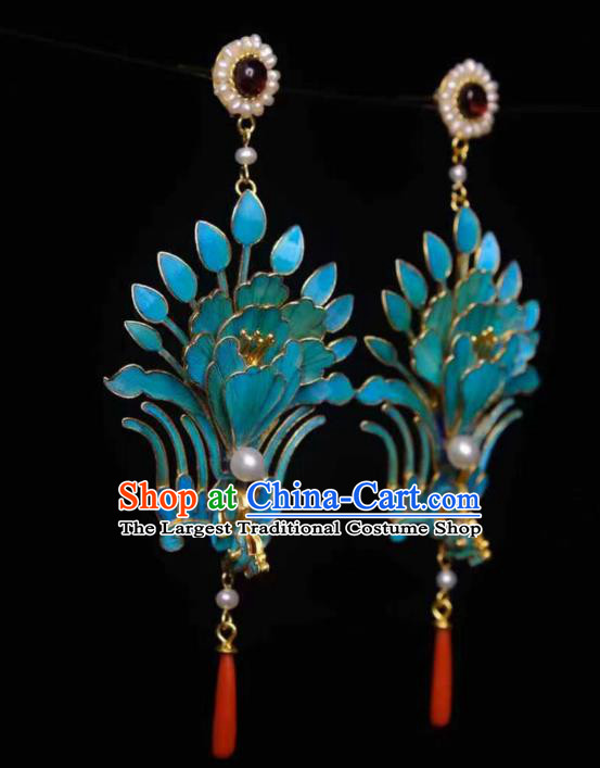 Chinese Ancient Empress Blueing Phoenix Ear Accessories Traditional Jewelry Qing Dynasty Pearls Earrings